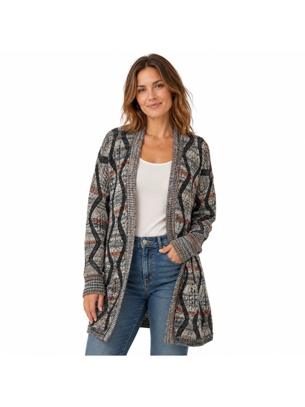 Soft Surroundings Navy Cream Open Front Cardigan Size L/XL Wool Blend